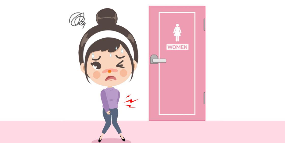 Cartoon women holding bladder in front of women's bathroom sign 