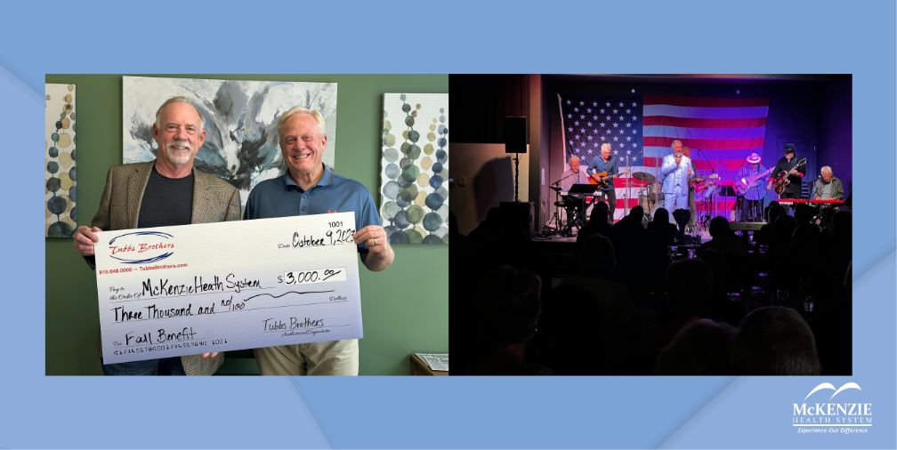 Dave Tubbs, Owner of Tubbs Brothers in Sandusky, presents their Autumn Benefit sponsorship check to Steve Barnett, McKenzie Health System President and CEO. Saginaw County Sheriff Bill Federspiel and the Kenny Rogers Group perform during Autumn Benefit