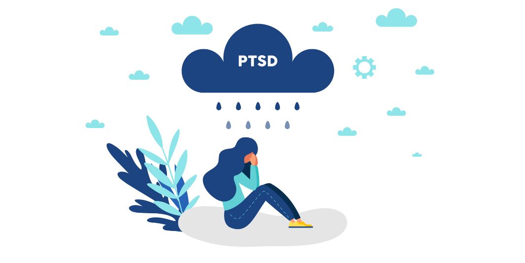 Graphic of a women upset under a cloud with PTSD on it