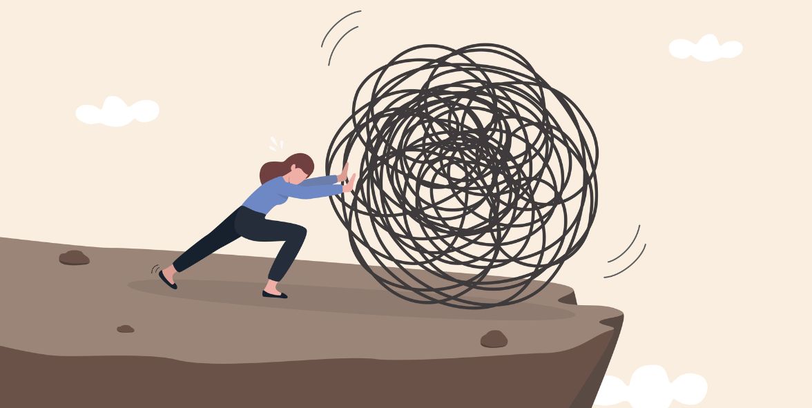 graphic of cartoon woman pushing a tumbleweed off a cliff