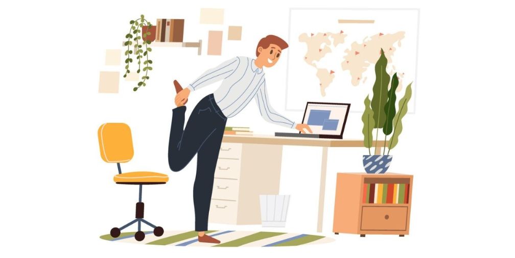 cartoon man stretching by desk